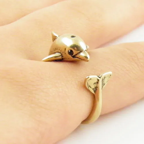 Animal Wrap Ring - Dolphin - Yellow Bronze - Adjustable Ring - Keja Jewelry