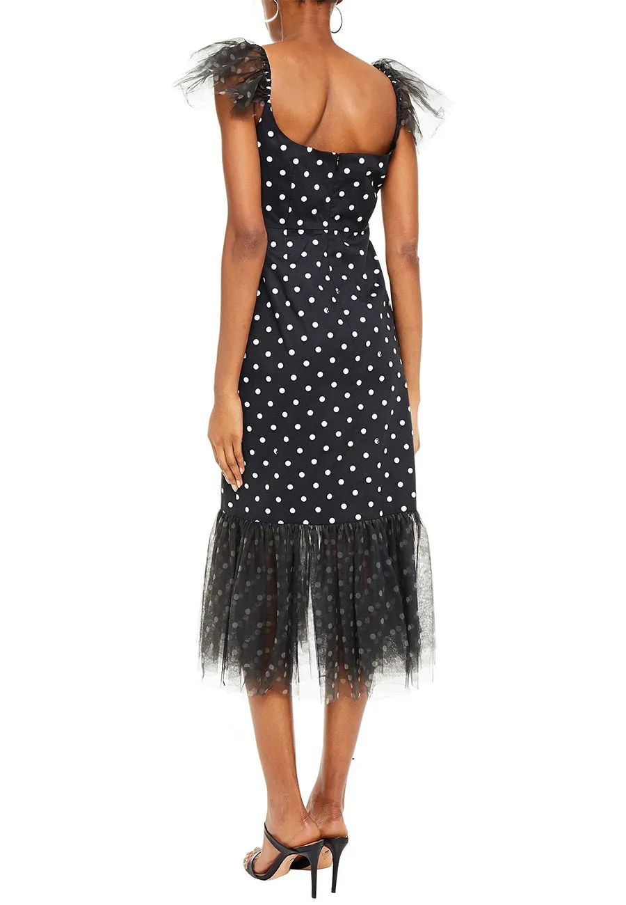 Black Marwa Ruffled Polka Dot Tulle Midi Dress (Pre-loved)