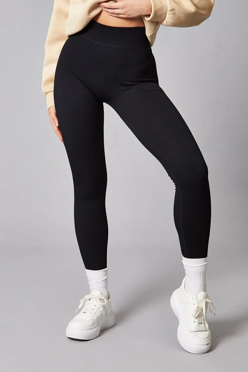 Black Rib Knit High Waisted Leggings - Ren