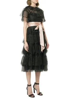 Black Scallop Tulle with Pink Ribbon Midi Dress (Pre-loved)