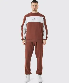 boohooMAN Mens Tall Colour Block Man Sweatshirt Tracksuit In Chocolate