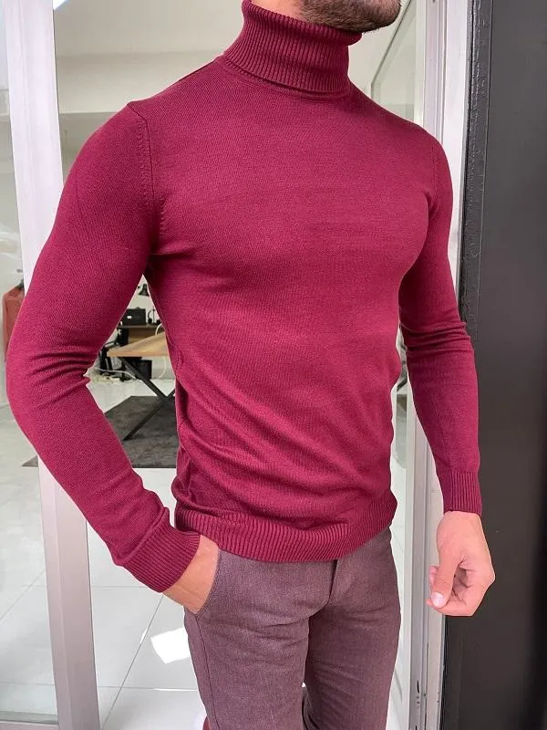 Casani Burgundy Slim Fit Mock Turtleneck Sweater