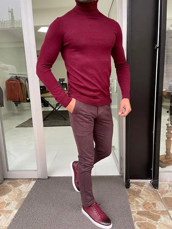 Casani Burgundy Slim Fit Mock Turtleneck Sweater