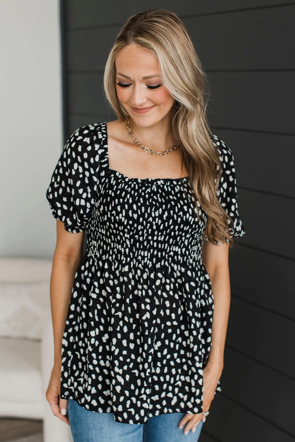 City Nights Smocked Blouse- Black