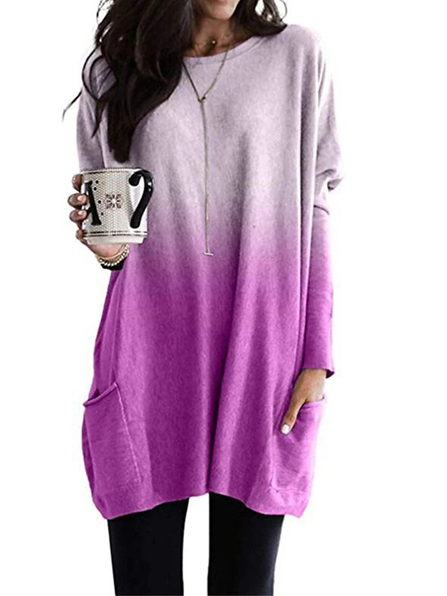 Cozy Gradient Loungewear Top: Purple Orange Crew Neck Long Sleeve Pocket