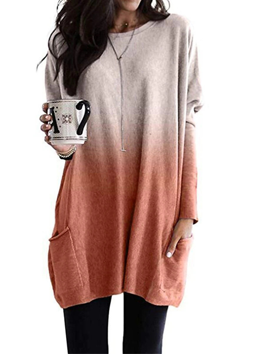 Cozy Gradient Loungewear Top: Purple Orange Crew Neck Long Sleeve Pocket