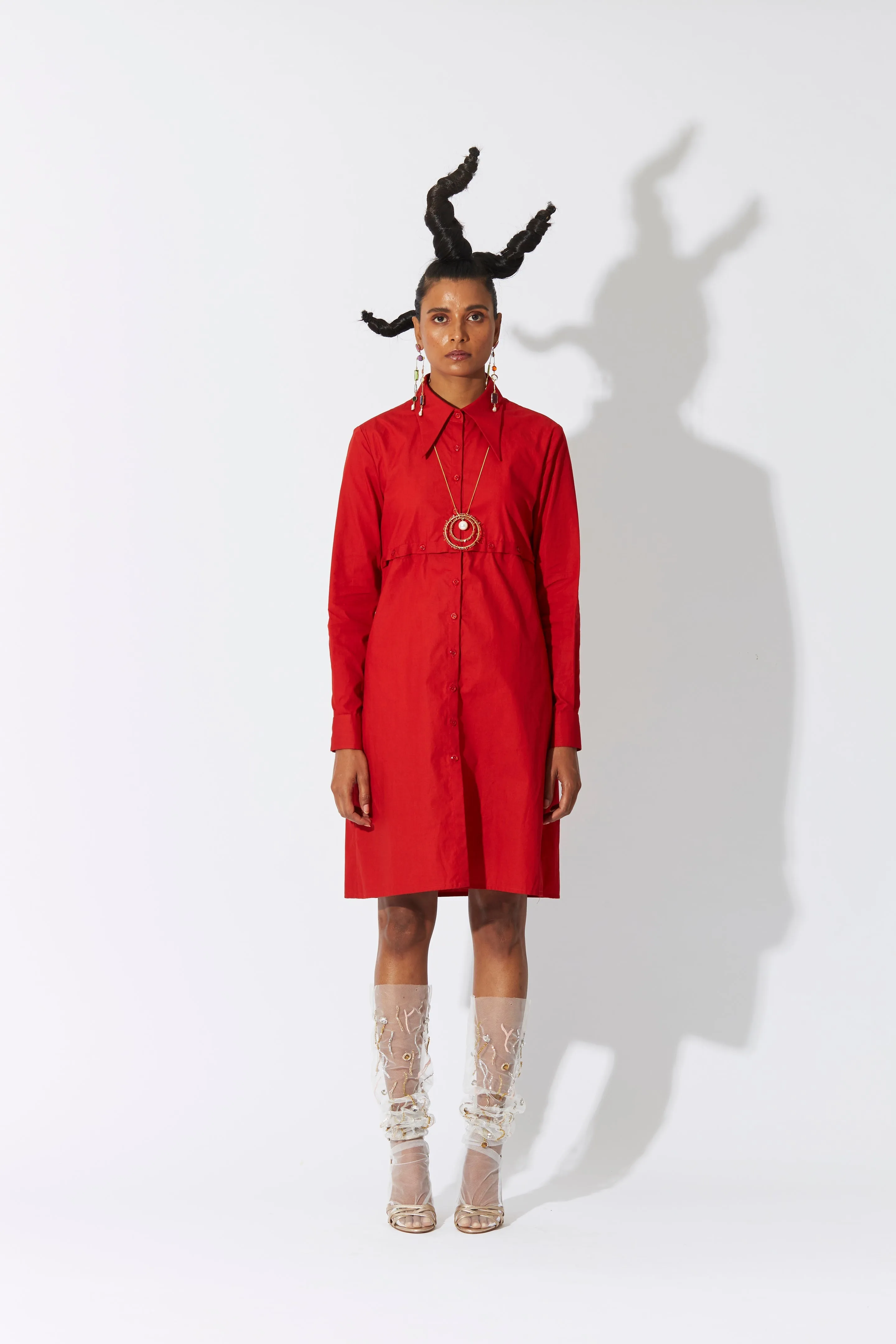 Cross Placket Shirt Dress Red