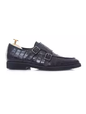 Double Monk Strap - Black Croco Leather (Crepe Sole)