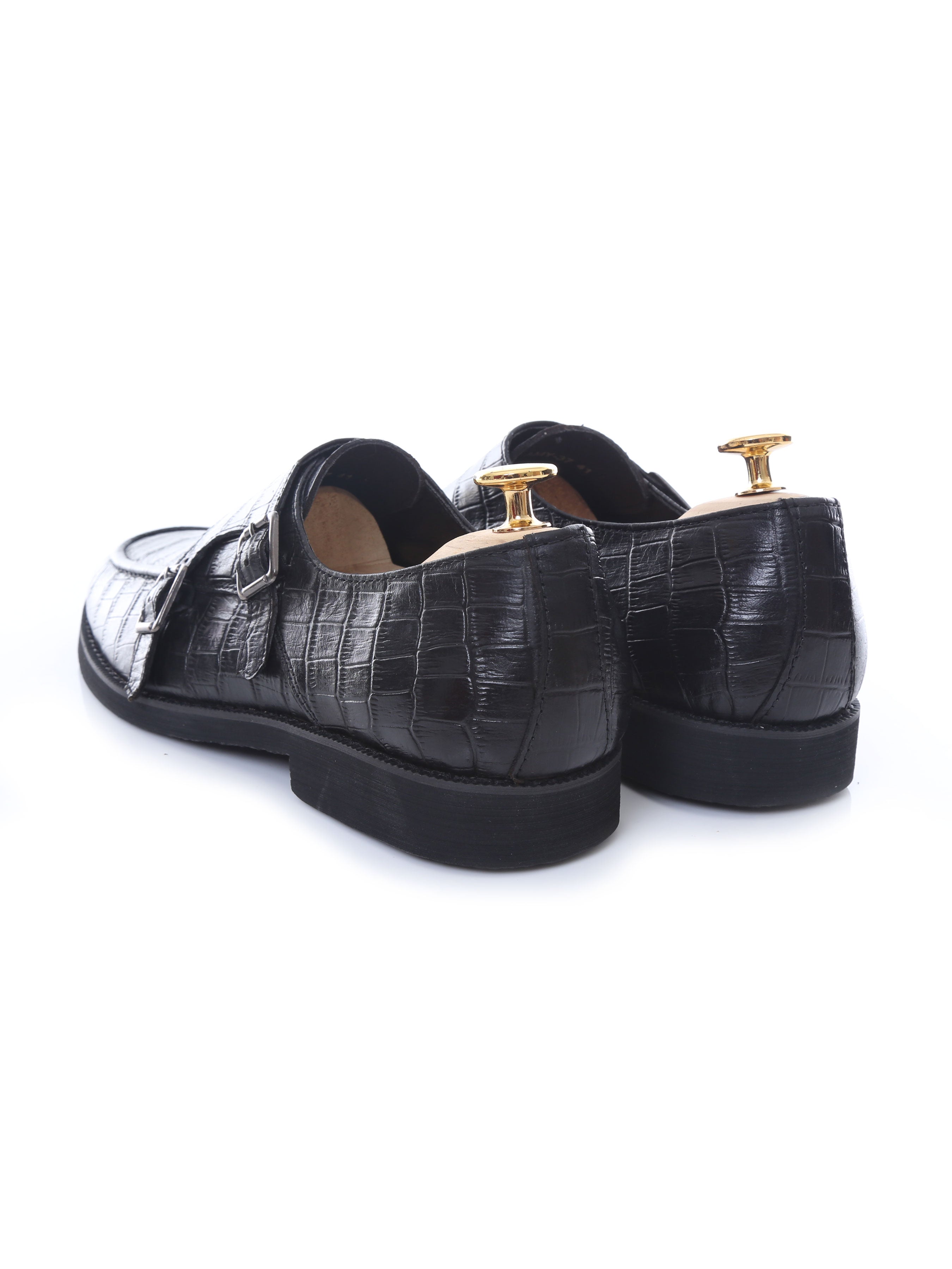 Double Monk Strap - Black Croco Leather (Crepe Sole)