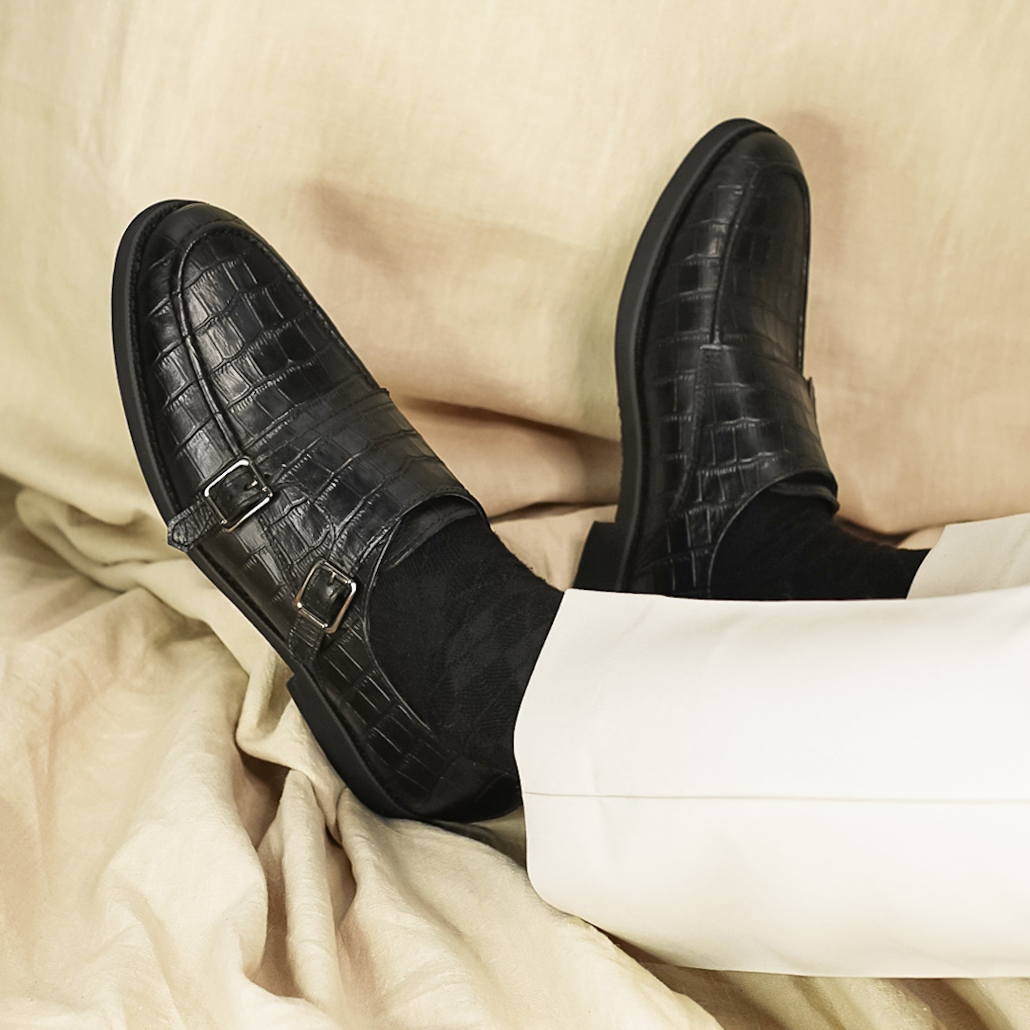 Double Monk Strap - Black Croco Leather (Crepe Sole)