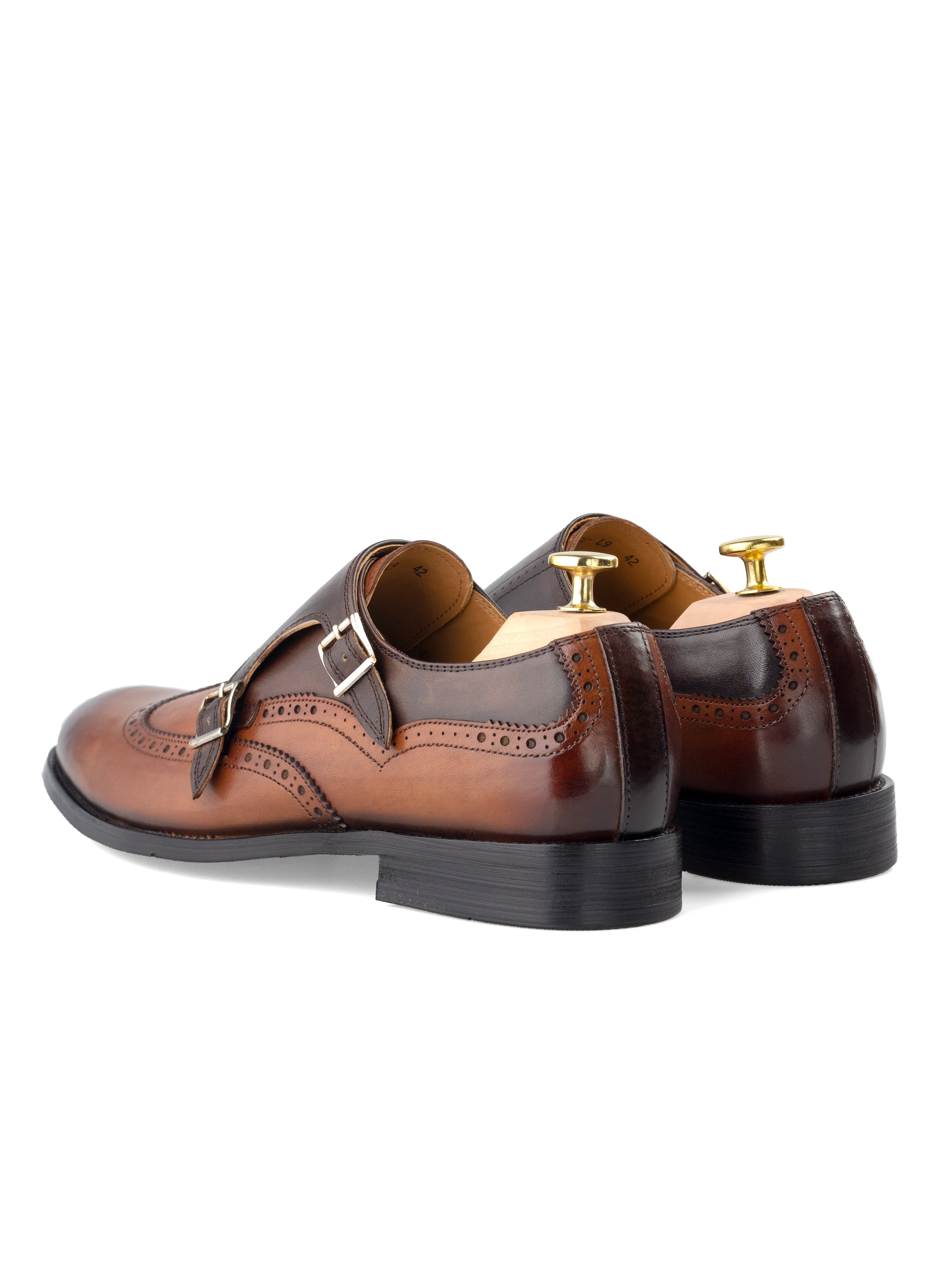 Double Monk Strap Brogue Wingtip - Duo-Tone Cognac Tan (Hand Painted Patina)