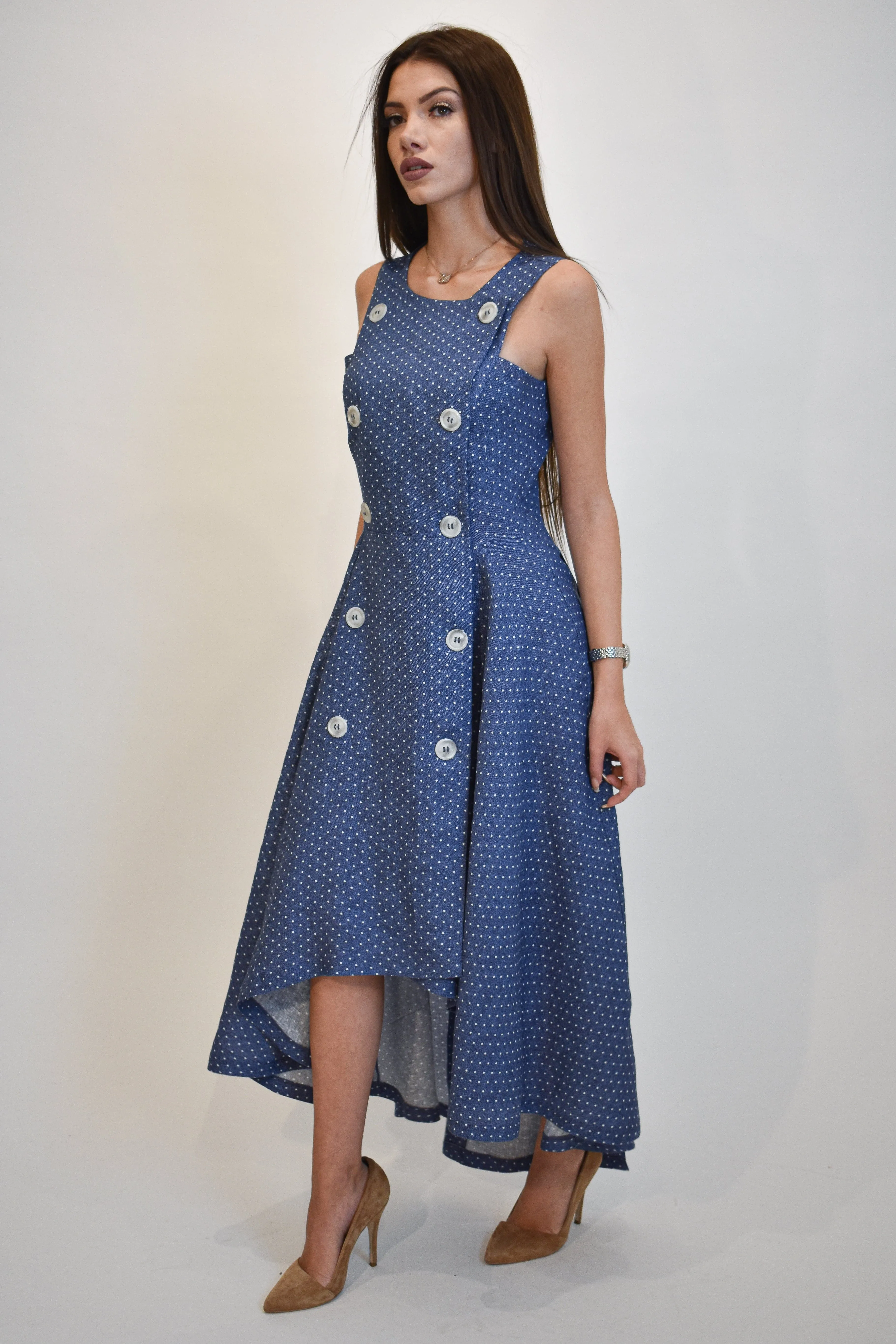 Double row fastening blue-white dress F1901