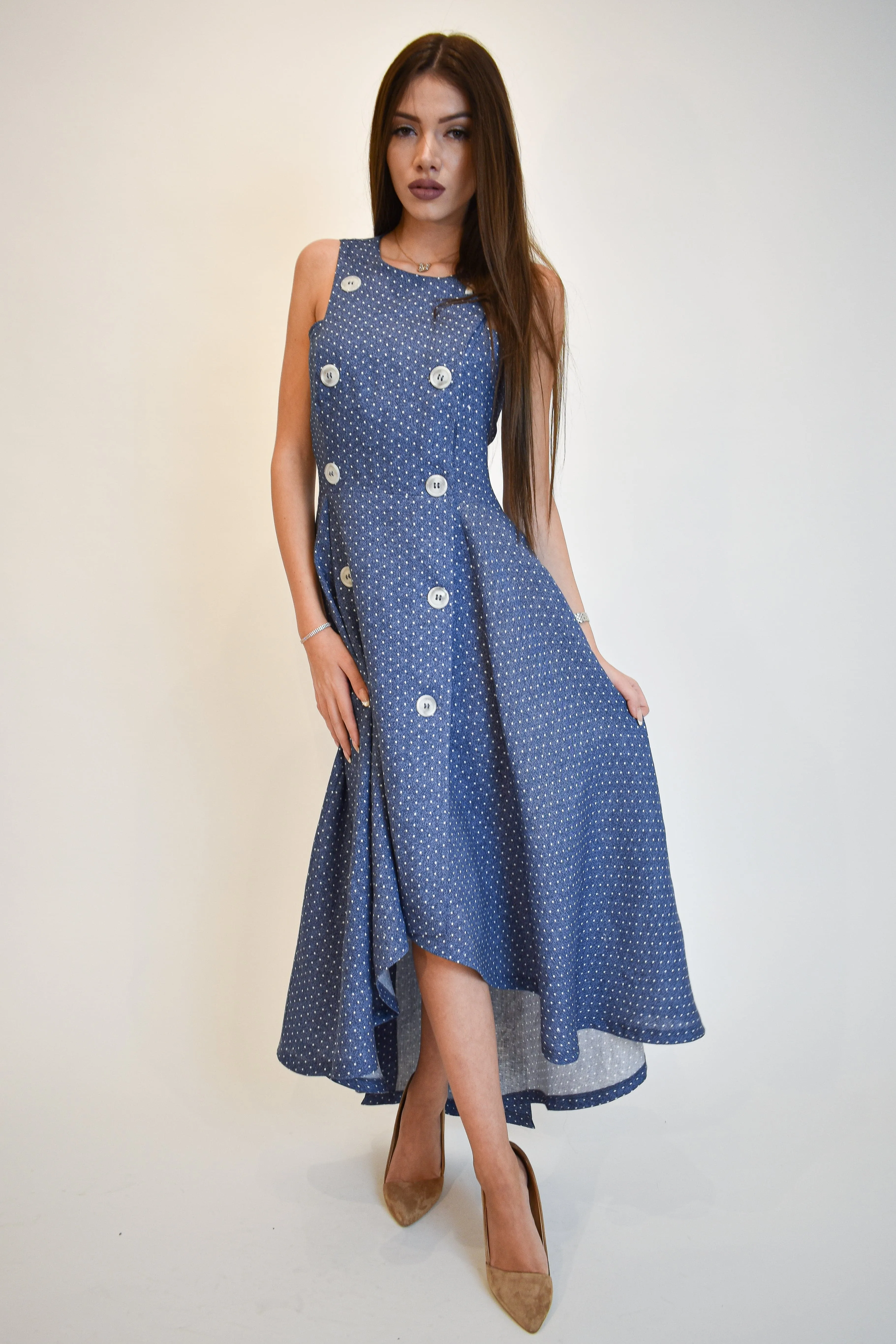 Double row fastening blue-white dress F1901