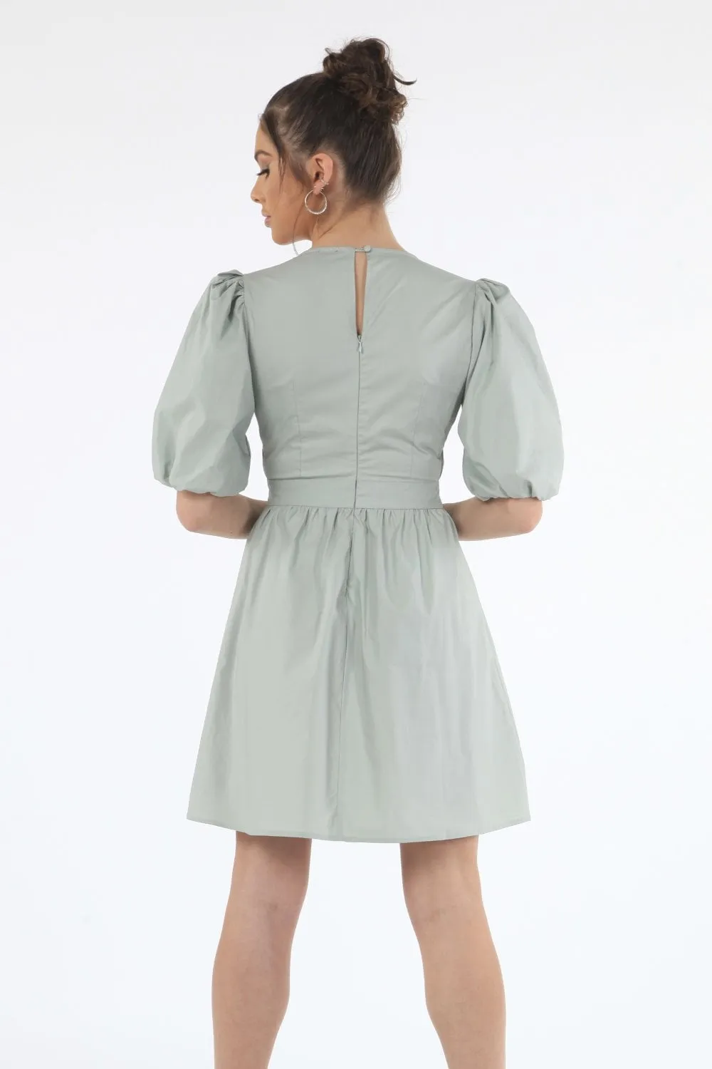 Double Second Sage Volume Sleeve Ruched Dress