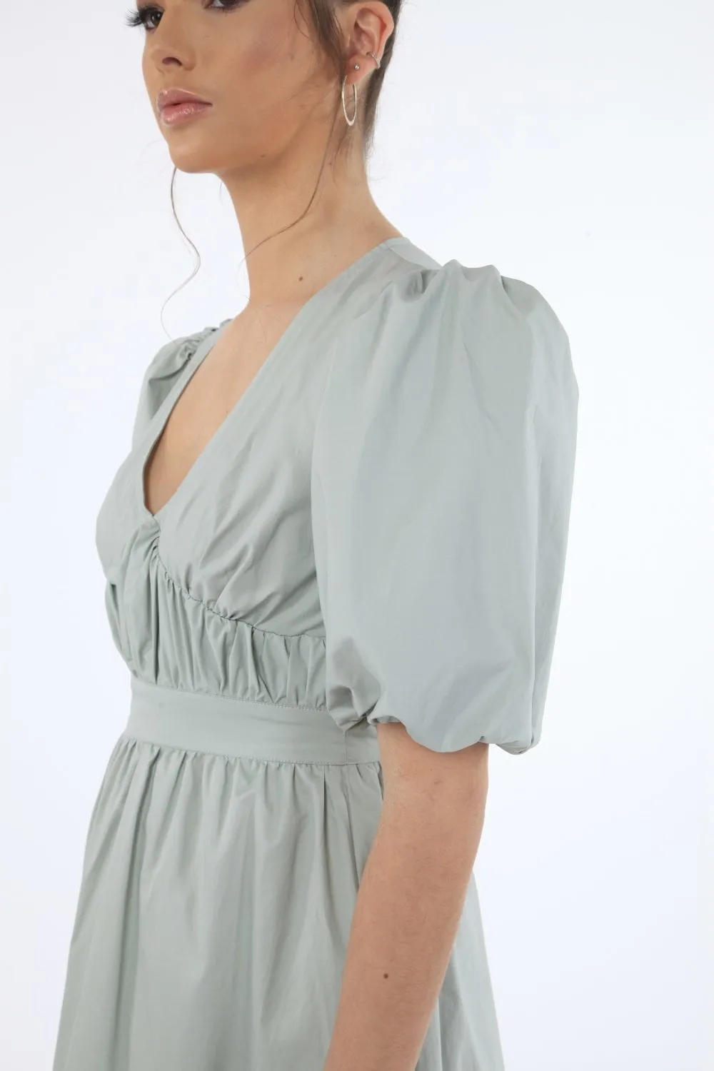 Double Second Sage Volume Sleeve Ruched Dress