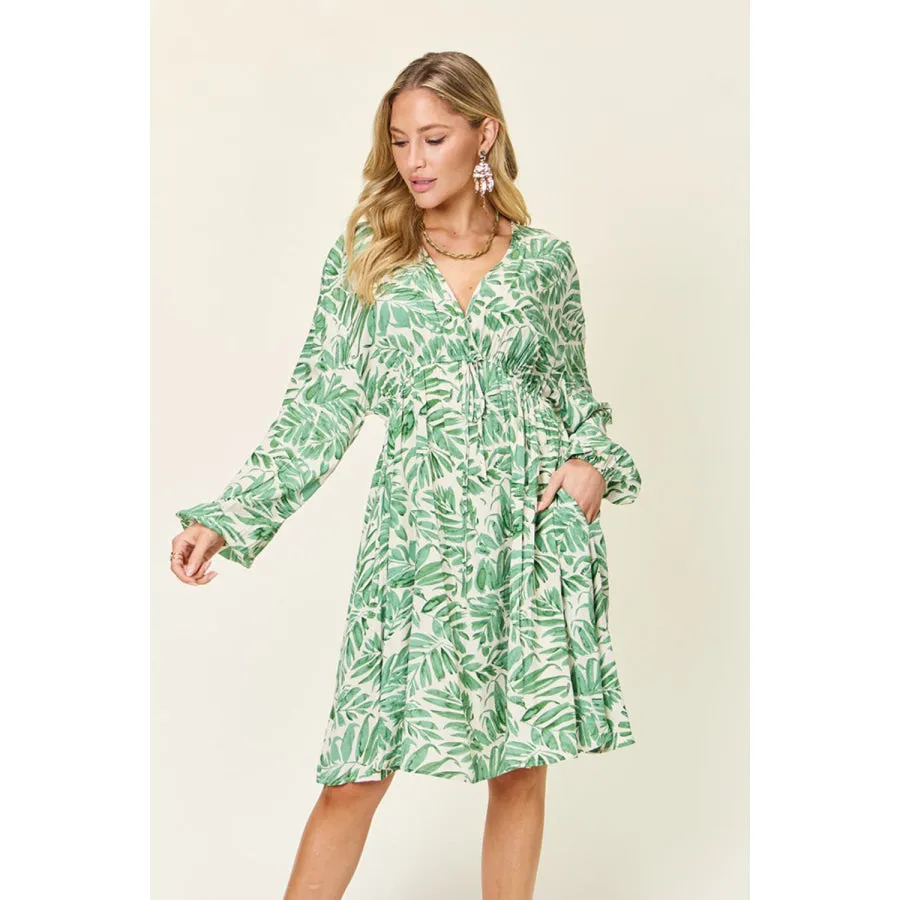 Double Take Full Size Printed Ruched Balloon Sleeve Dress