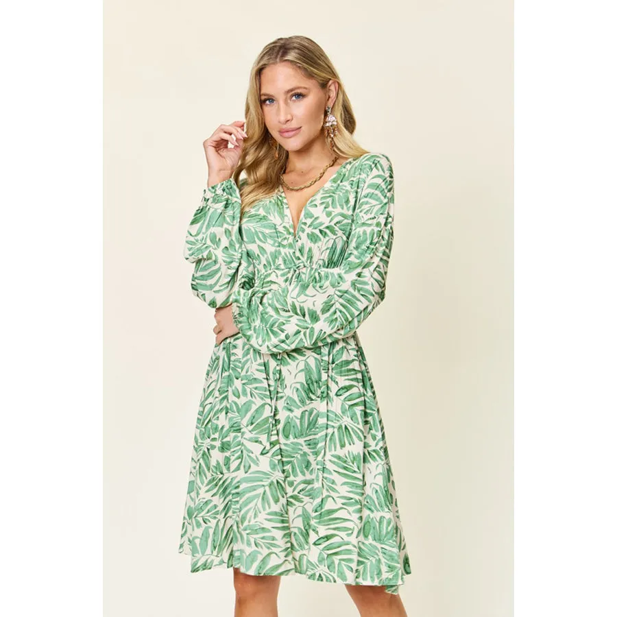 Double Take Full Size Printed Ruched Balloon Sleeve Dress