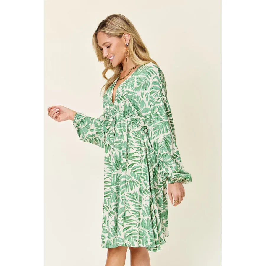 Double Take Full Size Printed Ruched Balloon Sleeve Dress