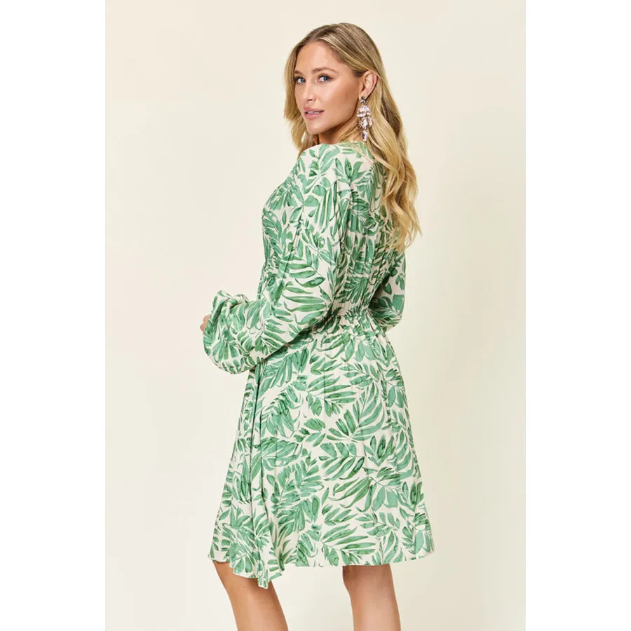 Double Take Full Size Printed Ruched Balloon Sleeve Dress