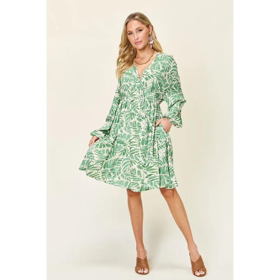 Double Take Full Size Printed Ruched Balloon Sleeve Dress