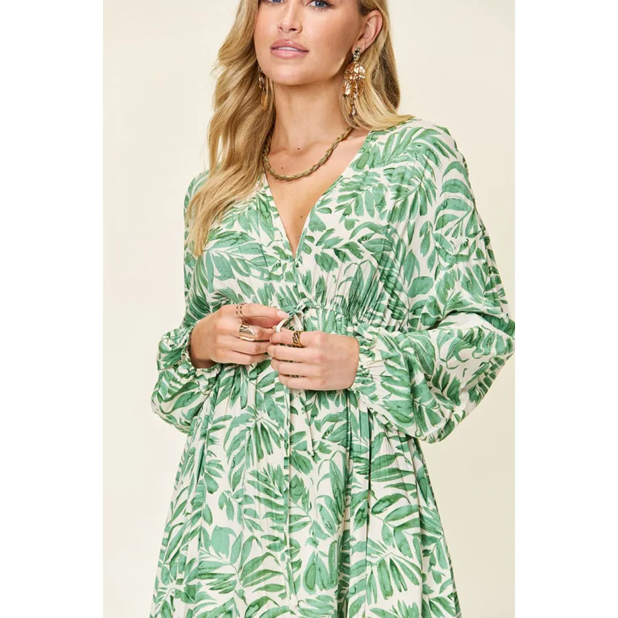 Double Take Full Size Printed Ruched Balloon Sleeve Dress