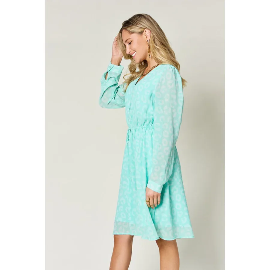 Double Take Full Size Printed Ruched V-Neck Long Sleeve Dress