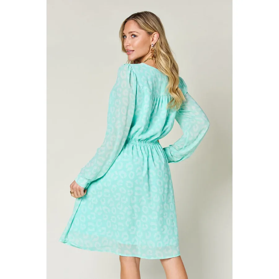 Double Take Full Size Printed Ruched V-Neck Long Sleeve Dress