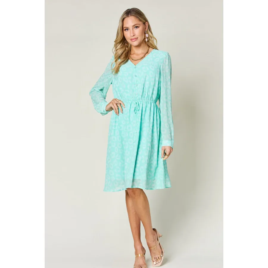 Double Take Full Size Printed Ruched V-Neck Long Sleeve Dress