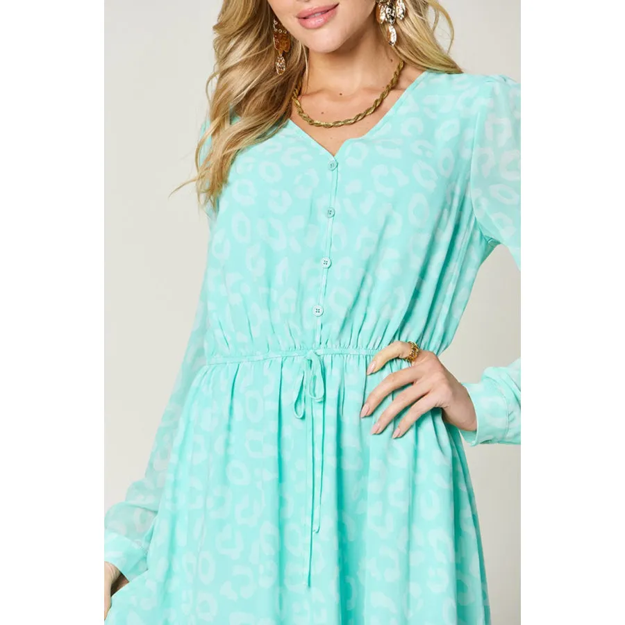 Double Take Full Size Printed Ruched V-Neck Long Sleeve Dress