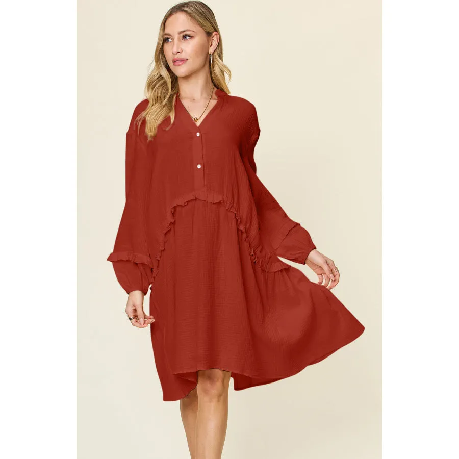 Double Take Full Size Texture Half Button Ruffle Trim Dress