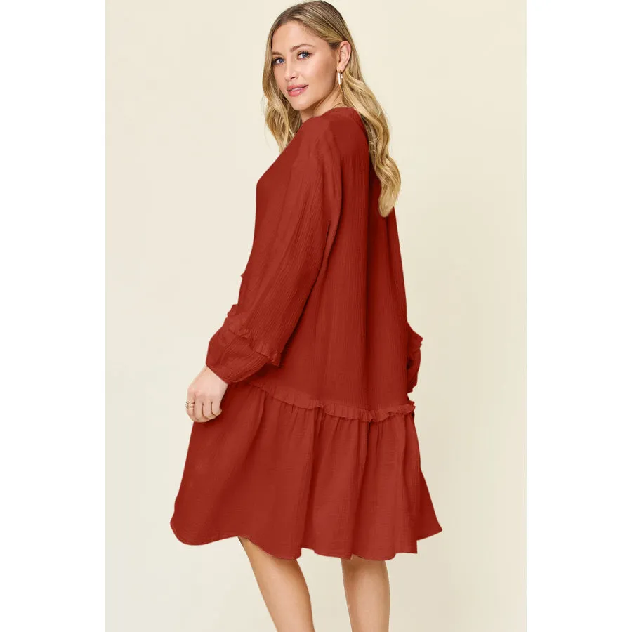 Double Take Full Size Texture Half Button Ruffle Trim Dress