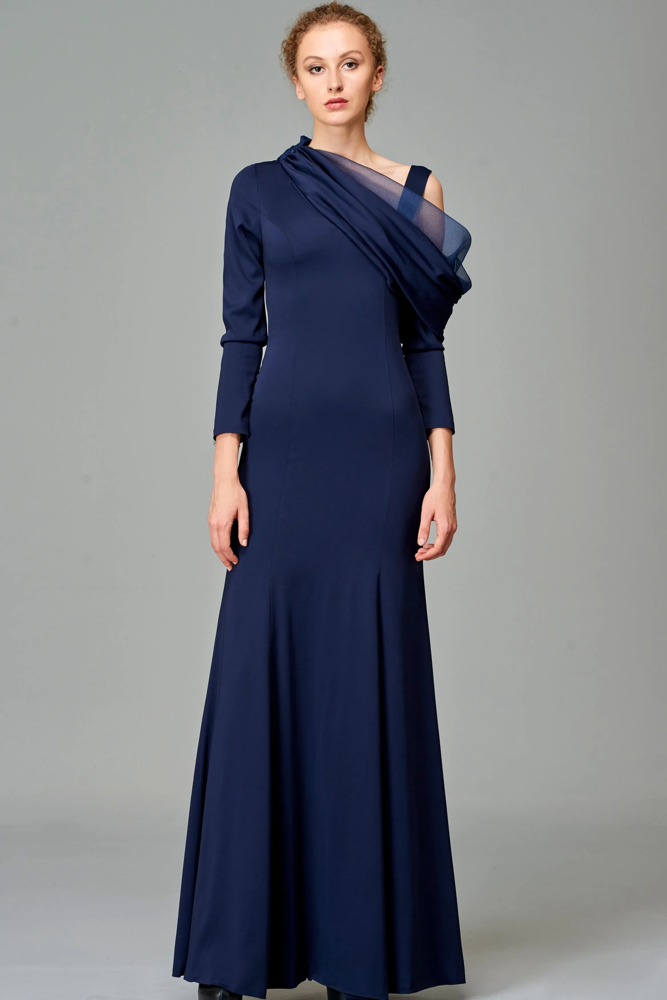 Draped Neckline Detailed Double Viscose Long Dress