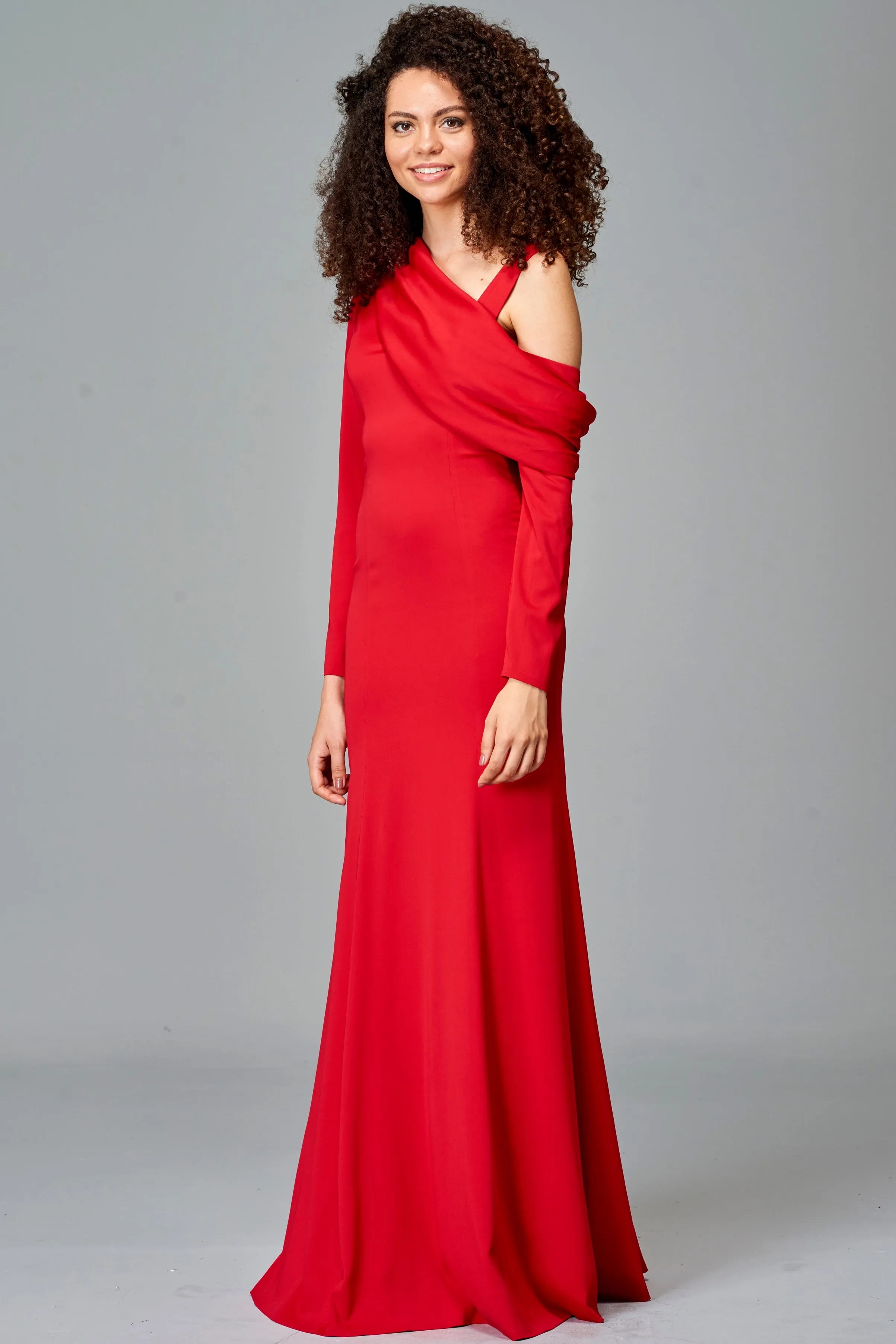 Draped Neckline Detailed Double Viscose Long Dress