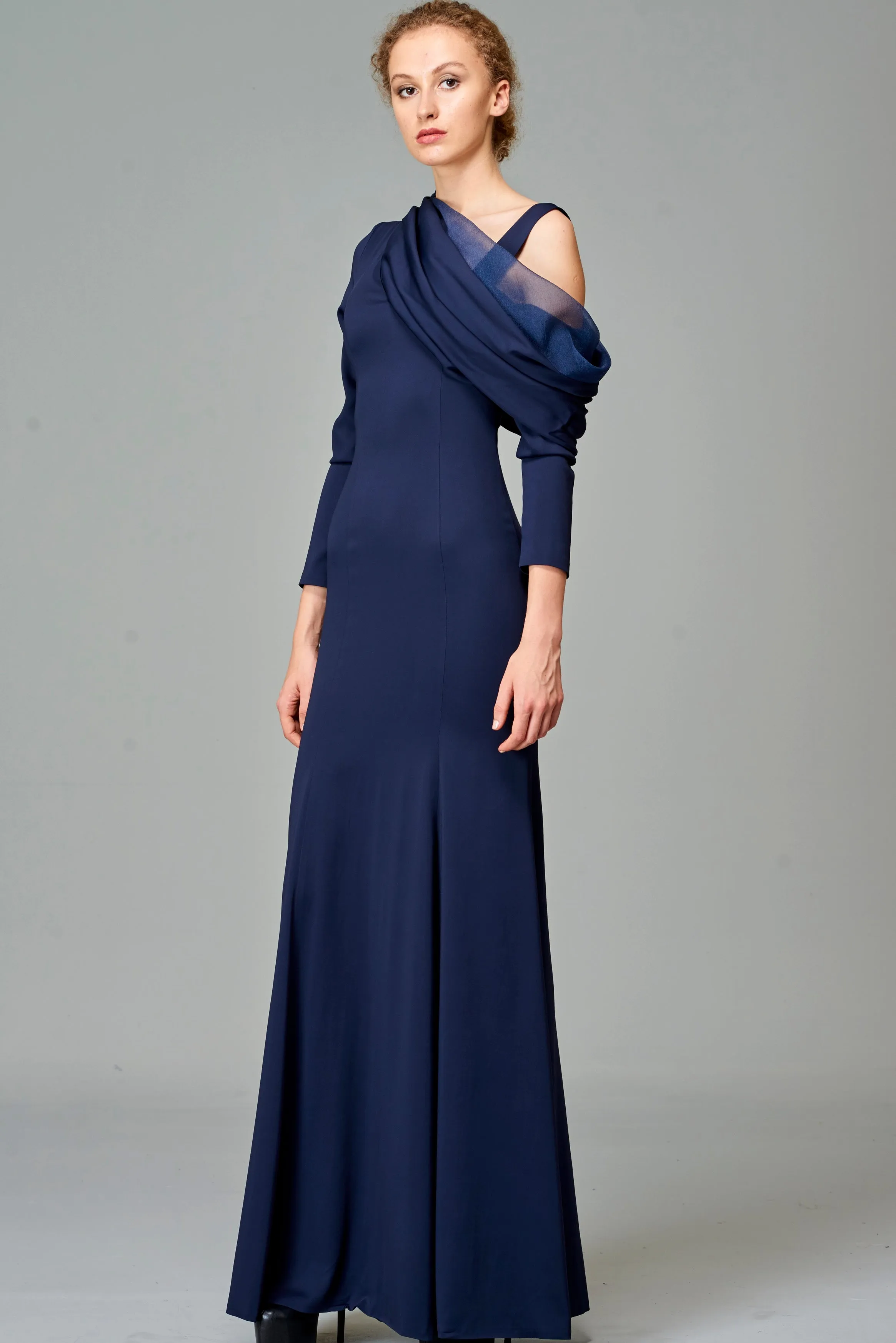 Draped Neckline Detailed Double Viscose Long Dress