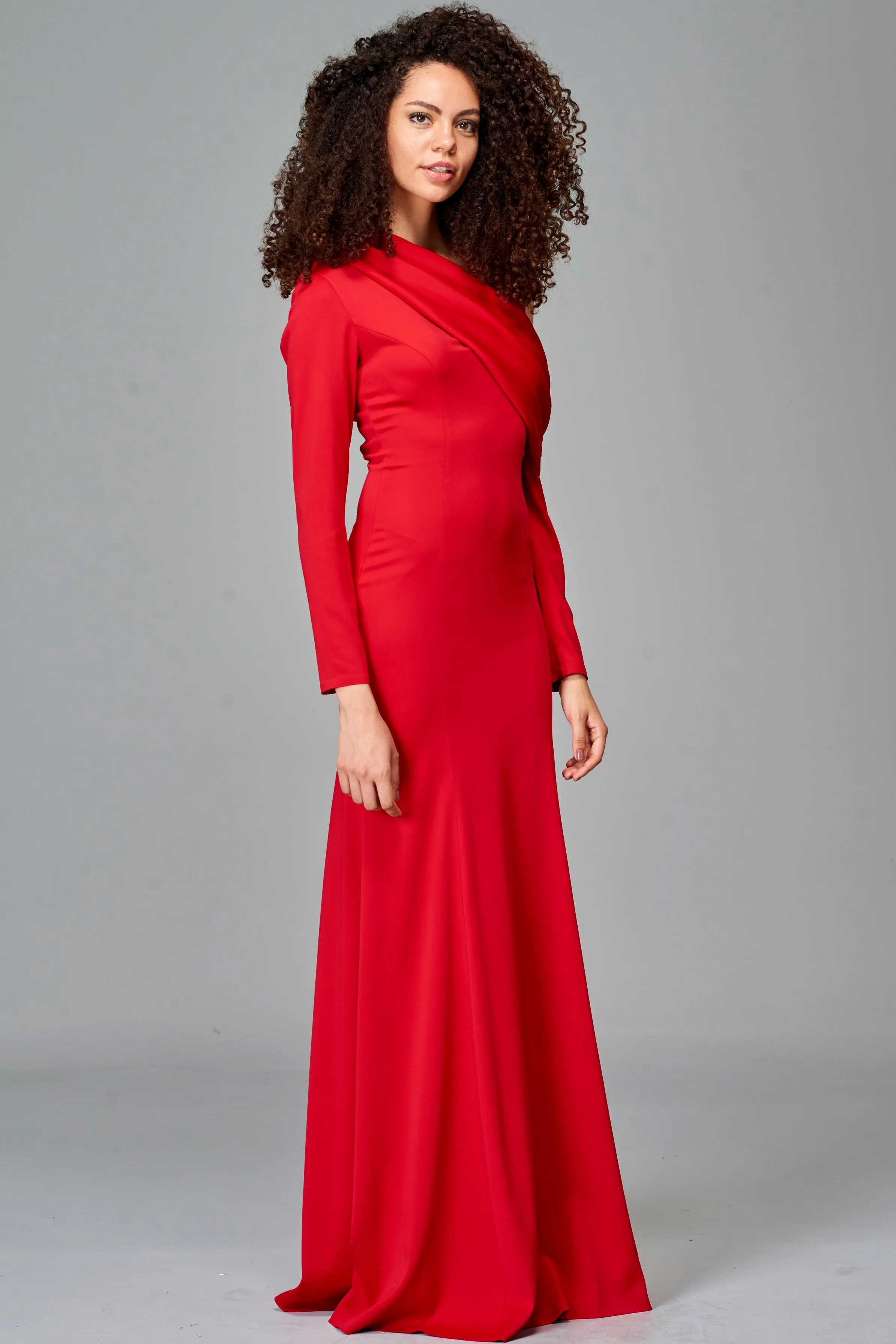 Draped Neckline Detailed Double Viscose Long Dress