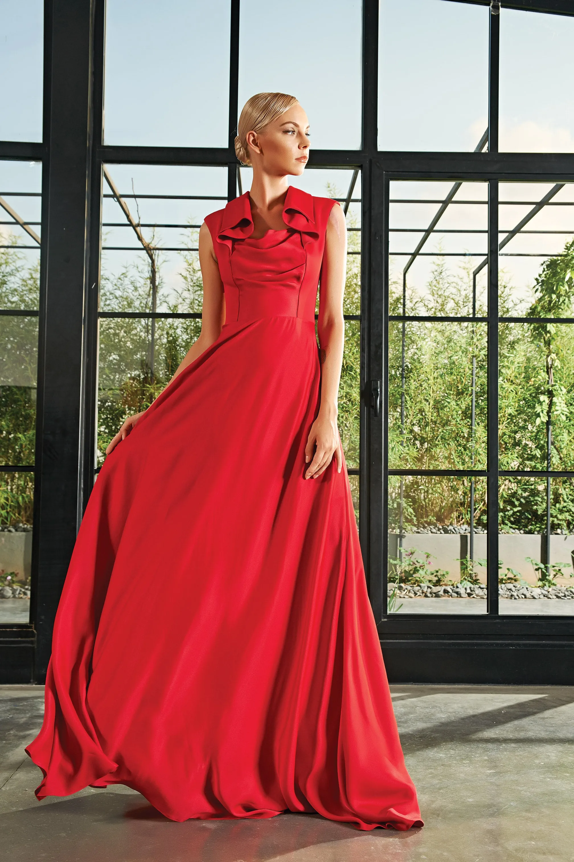 Draped Viscose Satin and Double-Faced Viscose Long Dress