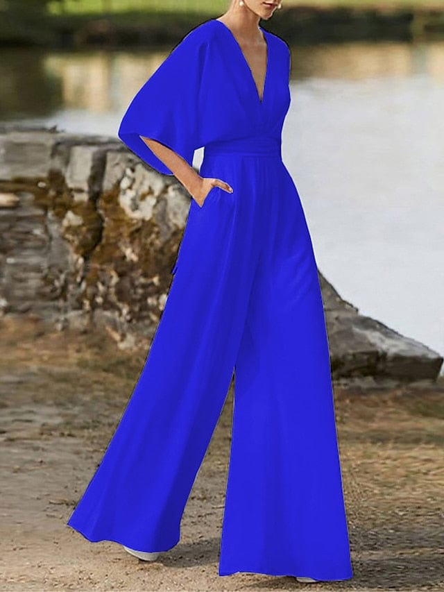 Elegant V-Neck Backless Jumpsuit with 3/4 Length Sleeve and Pocket