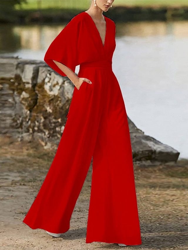 Elegant V-Neck Backless Jumpsuit with 3/4 Length Sleeve and Pocket