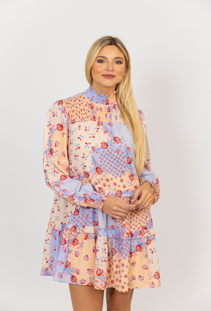 Floral Smock Neck Tier Dress