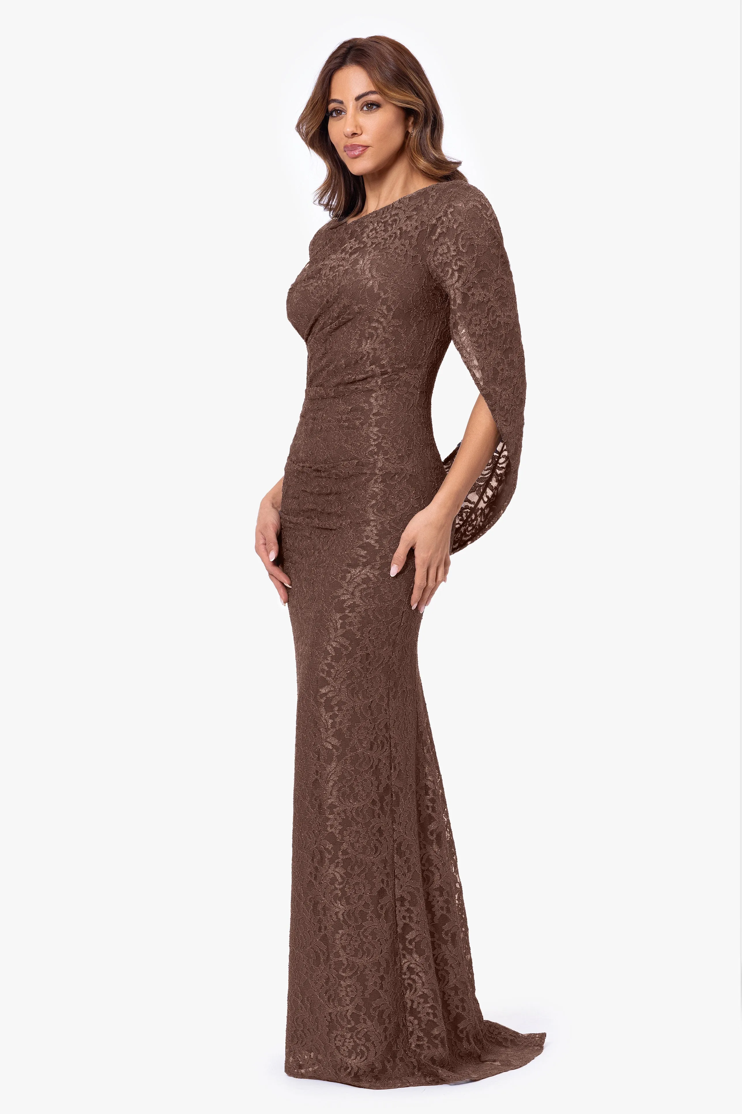 Gina Glitter Lace Cape Back Gown