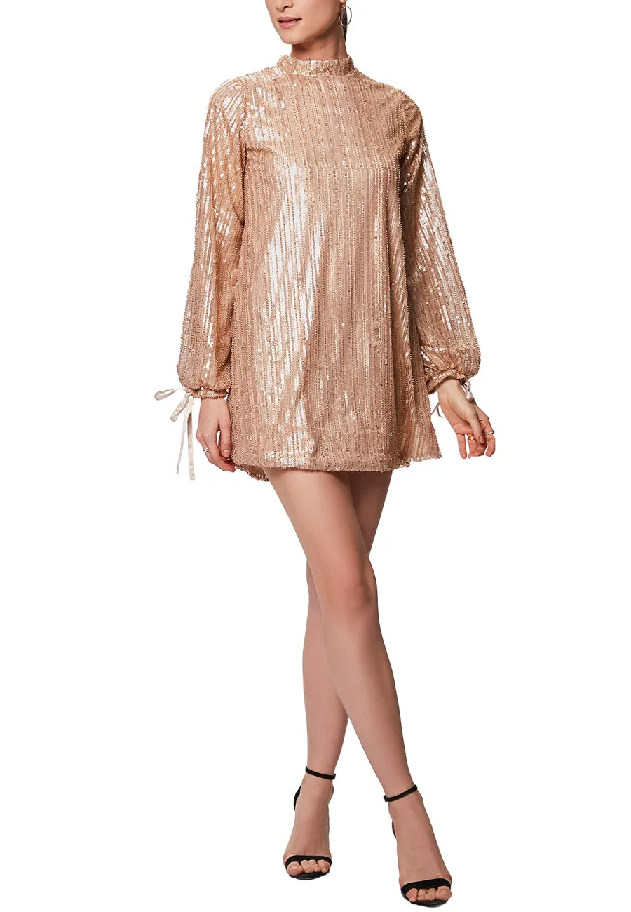 Gold Jenny Sequins Balloon Sleeves Mini Dress (UK 6) (Pre-loved)