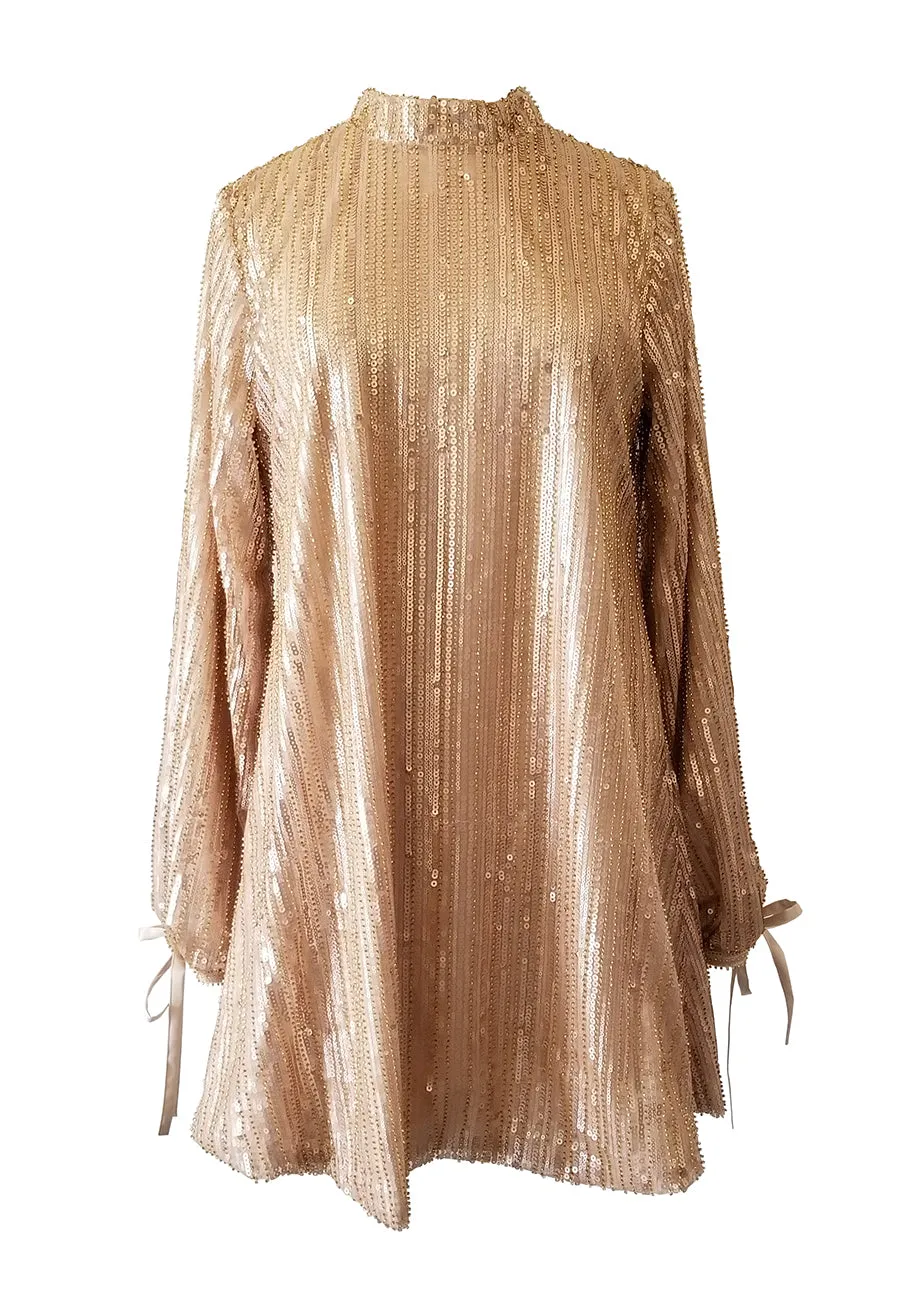 Gold Jenny Sequins Balloon Sleeves Mini Dress (UK 6) (Pre-loved)