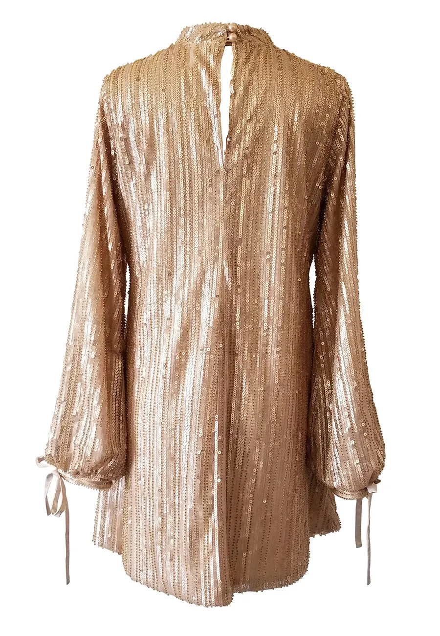 Gold Jenny Sequins Balloon Sleeves Mini Dress (UK 6) (Pre-loved)