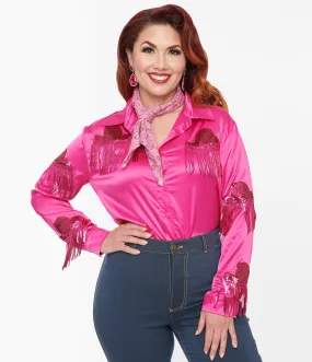 Hot Pink Western Hat Sequin Fringe Satin Blouse