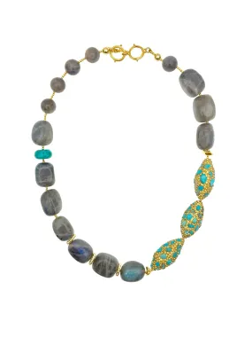 Labradorite With Rhinestone Bordered Turquoise Necklace AN025