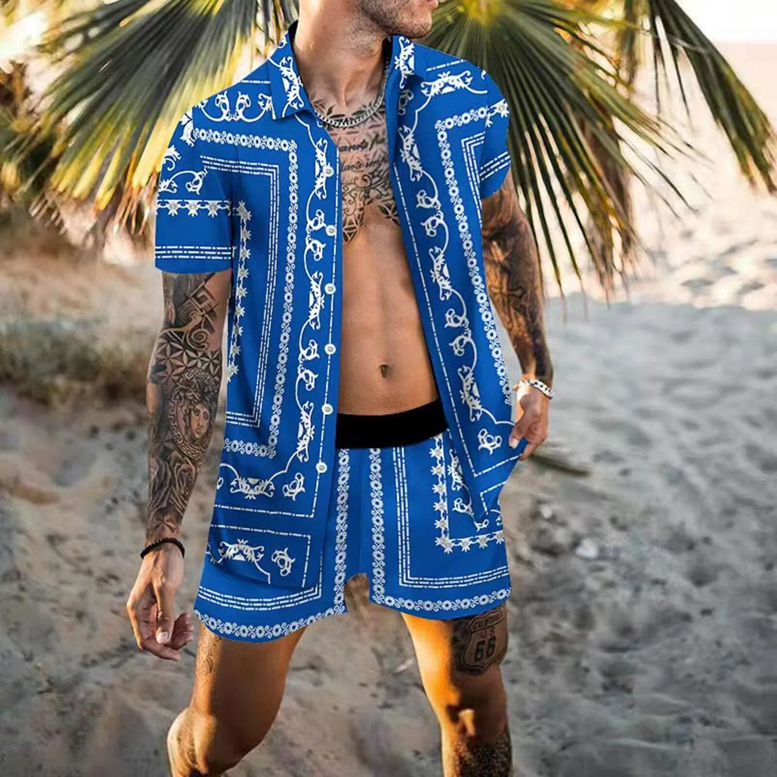 Men's Hawaiian Printed Shirt Elastic Waist Shorts Beachwear Two-Piece Set