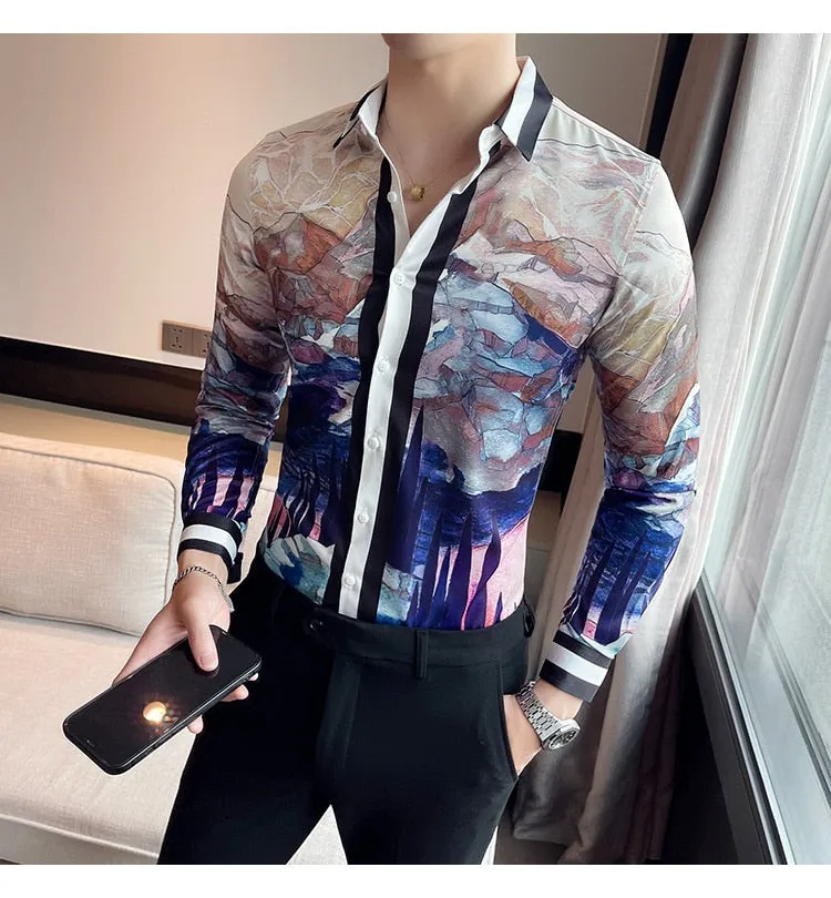 Men's Korean Fashion Autumn Luxury Printed Pattern Long Sleeve Shirt