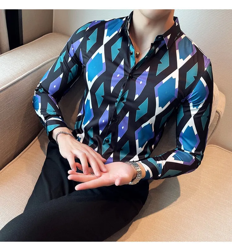 Men's Korean Style Diamond Pattern Printed Long Sleeve Shirt