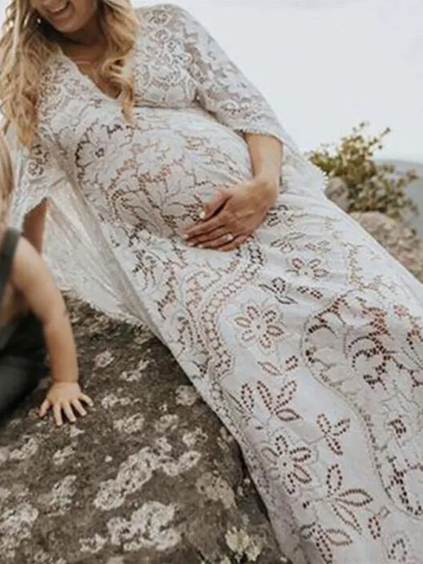 Momnfancy Floral Lace Cape Backless Boho Puffy Sleeves Pregnant Maternity Photoshoot Maxi Dress