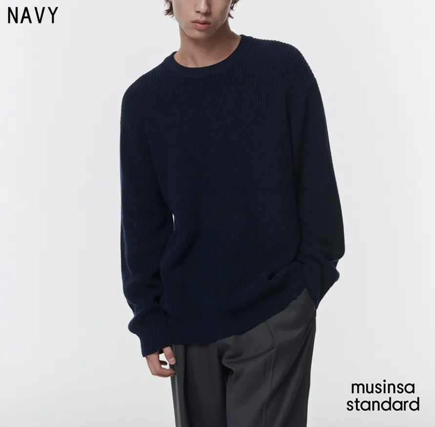 MUSINSA STANDARD  |Crew Neck Street Style Long Sleeves Plain Cotton Sweaters